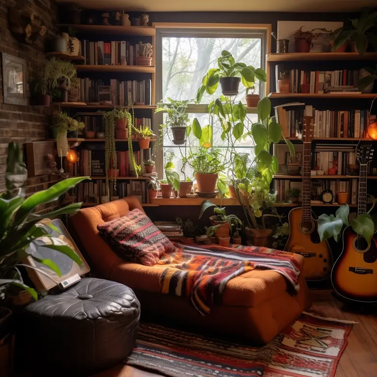 Boekenplanken in een gezellig, groen huis