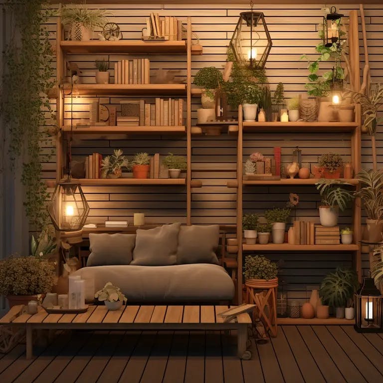 Gezellige patio-indeling met houten planken en decoratieve items