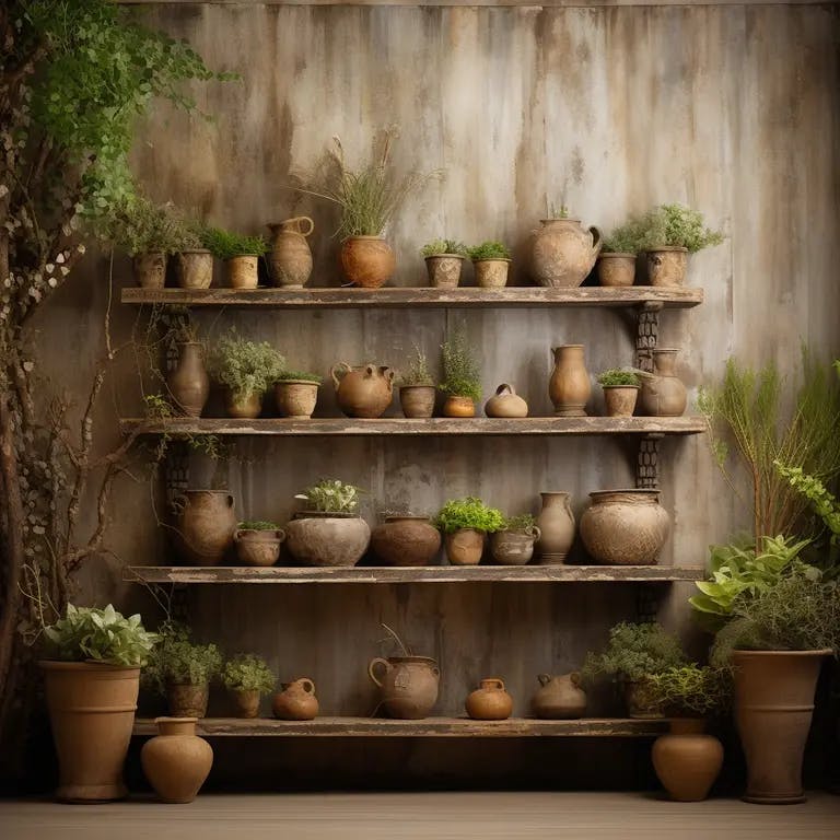 Planken met potten en planten